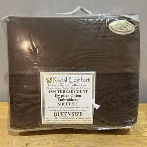 Vtg Regal Comfort 1800 TC Egyptian Cotton Brown Queen Sheet Set Embroidered
